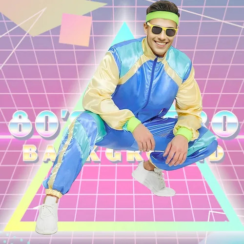Vista 7 de 80s Tracksuit Costume for Men Women, 90s Retro Hip Hop Costumes Jacket Shell Windbreaker Disco Party Dress Mens Adult
