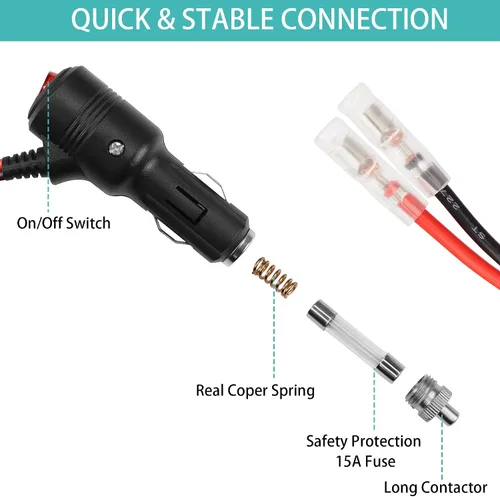 Vista 2 de GELRHONR Enchufe macho de repuesto para encendedor de cigarrillos de 12 voltios con cables y luz LED, cable de extensión de encendedor