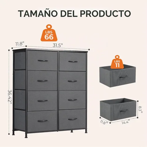 Vista 3 de Sweetcrispy Cómoda para dormitorio, cómoda de tela con 8 cajones, cómoda para armario, sala de estar, marco de acero resistente, parte superior
