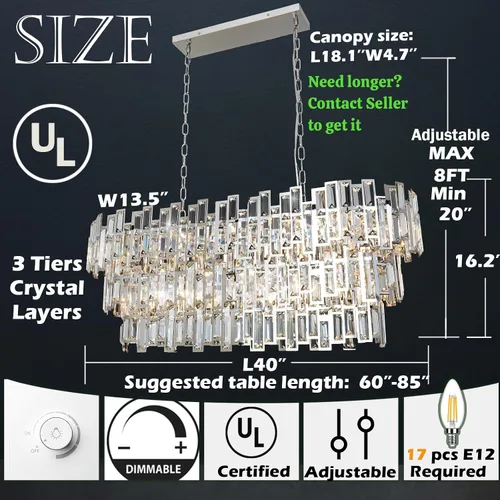 Vista 4 de Candelabros modernos para comedor, lámpara de araña rectangular cromada, lámpara colgante de cristal, colgante rectangular lineal cromado