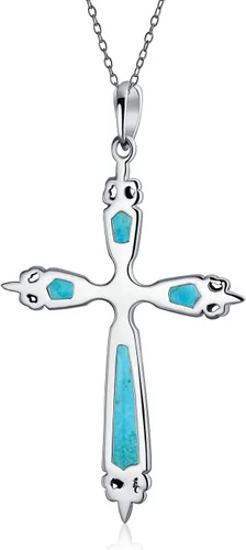 Vista 2 de Collar con colgante de cruz de ópalo azul creado con circonita cúbica para mujeres y adolescentes, plata de ley 925 con piedra natal de octubre