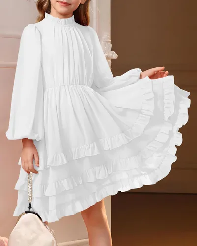 Vista 2 de MITILLY Elegante vestido de manga larga con cuello redondo y volantes para niñas de 6 a 12 años