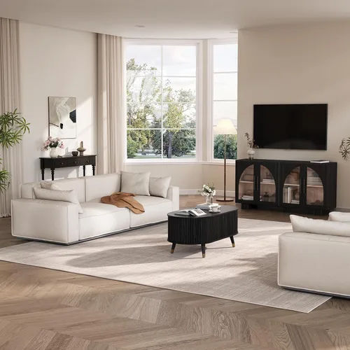 Vista 6 de Mesa auxiliar ovalada con almacenamiento, mesa de centro acanalada de 42.5 pulgadas con parte superior de elevación y patas de madera maciza, mesa