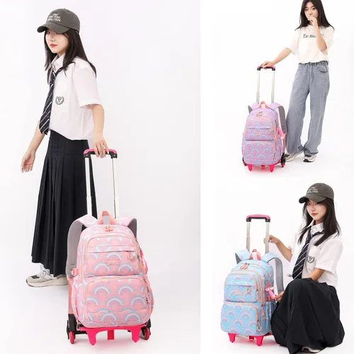 Vista 6 de Mfikaryi Mochila con ruedas para niñas, para estudiantes de primaria, al aire libre, con ruedas, Rosa-6 Ruedas, Moderno