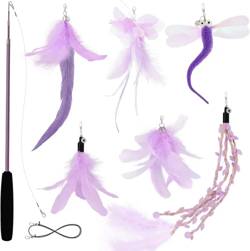 Vista 8 de SONGWAY Juguetes de varita para gatos de interior, juego de juguetes para gatos con varita retráctil y 6 recambios de juguetes de plumas, juguetes