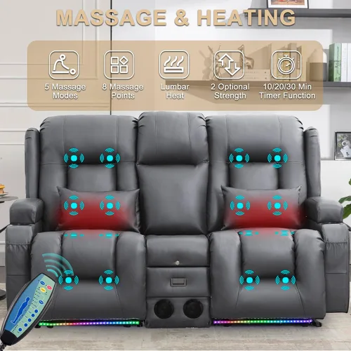 Vista 5 de URRED Sofá reclinable Power Loveseat con masaje y calor, gris ceniza