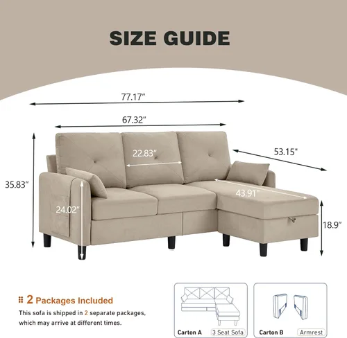 Vista 2 de Sofás Seccionales Convertibles de 77", Sofá en Forma de L de 3 Asientos con Chaise de Almacenamiento y Almohadas Removibles, Sofá Pequeño de Tela