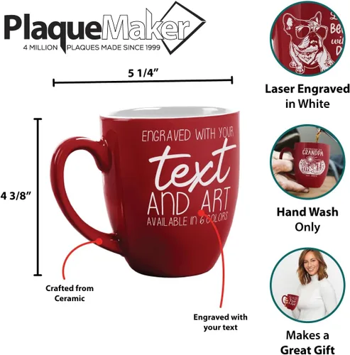 Vista 6 de PlaqueMaker Taza de café bistró de cerámica personalizada, texto grabado con láser, 16 onzas (rojo)