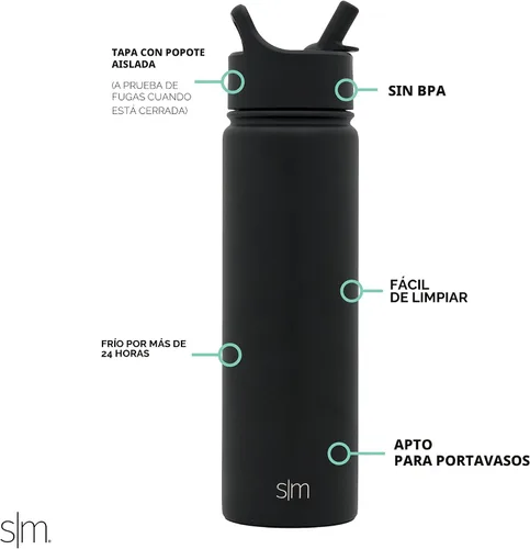 Vista 2 de Simple Modern botella de agua con tapa con pajita, termo de acero inoxidable con aislamiento al vacío, taza de metal reutilizable, sin BPA, a prueba