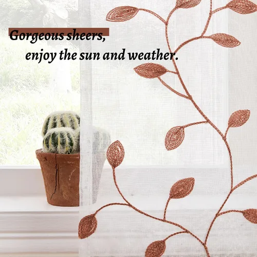 Vista 4 de MRTREES Cortinas traslúcidas de cocina de 24 pulgadas, cortinas cortas bordadas con hojas de terracota para baño, mini ventana, bolsillo para barra