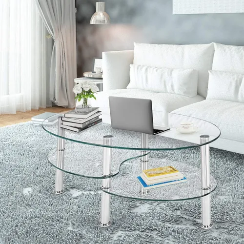 Vista 7 de Mesa de café de cristal S AFSTAR, mesa central de té de 3 niveles moderna ovalada de vidrio liso con estante de almacenamiento abierto, mesa