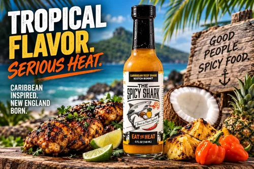 Vista 8 de The Spicy Shark Caribbean Reef Shark Scotch Bonnet Pepper Island Hot Sauce Botella de 5 onzas – Marca presentada en Hot Ones