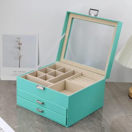 Vista 8 de BOOVO Clear Lid Jewelry Box For Girl,3 Layers Jewelry Organizer boxes For Women Turquoise Earring Jewelry Box For Girl Necklace Ring Bracelet