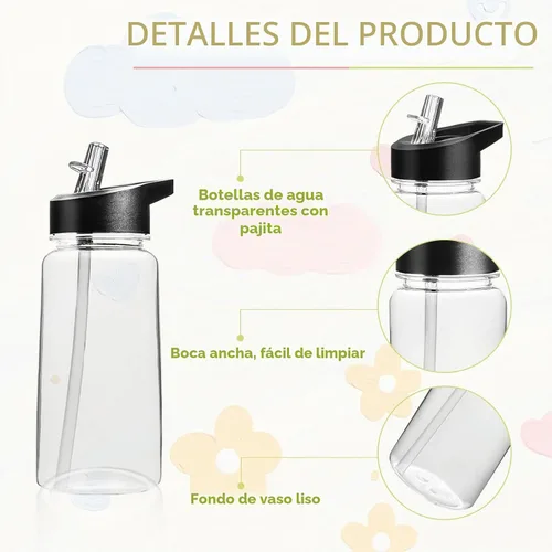 Vista 4 de Paquete de 6 botellas de agua transparentes con mango de tapa con popote, botellas de agua reutilizables de 14 onzas a granel, boca ancha, a prueba