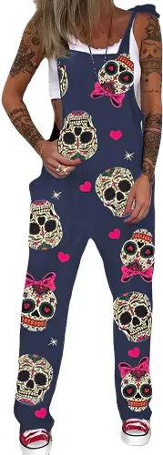 Vista 32 de PAODIKUAI Overol casual con estampado de calavera para mujer, overol suelto con bolsillos
