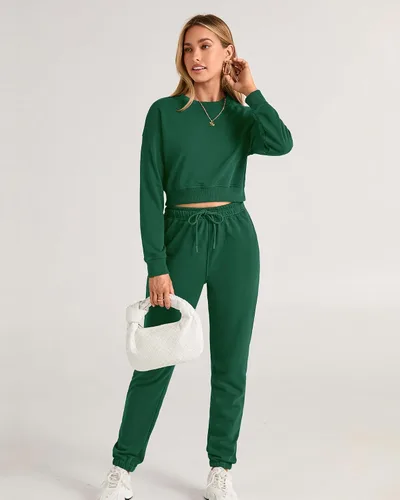 Vista 35 de BTFBM Conjunto deportivo de 2 piezas para mujer, camiseta corta de manga larga, sin botones, pantalón con cordón ajustable, pantalones deportivos