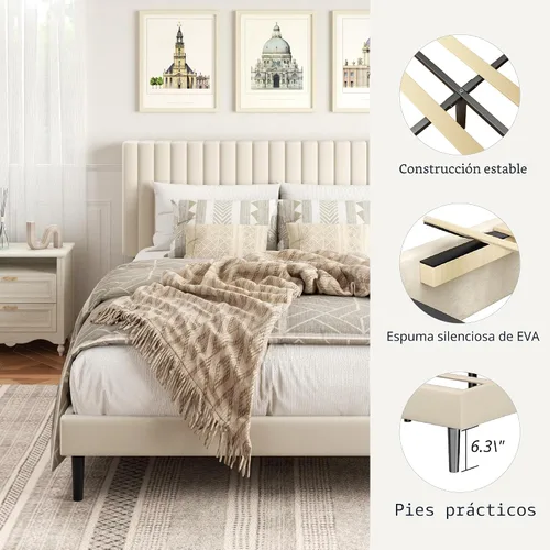 Vista 5 de HAOARA Base de cama de plataforma tamaño Queen con cabecera tapizada de terciopelo, marco de cama Queen con listones de madera fuertes, somier Beige