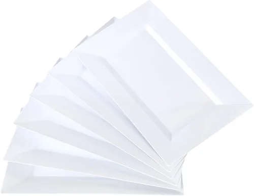 Vista 8 de Mwellewm 12 bandejas de plástico blanco para servir con borde dorado, bandejas rectangulares de postre de 14 x 9 pulgadas para mesa de postre