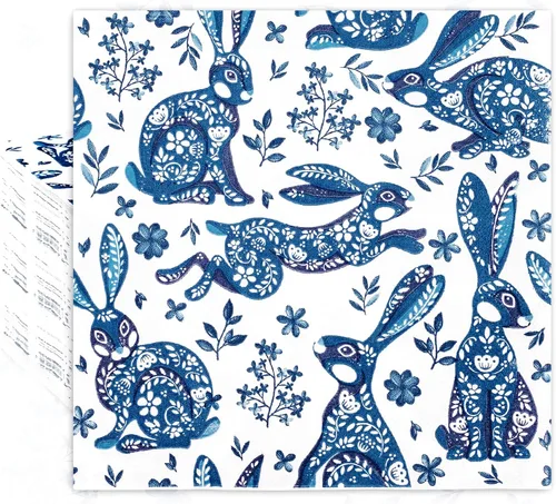 Vista 8 de JarThenaAMCS 80 servilletas desechables de Pascua para invitados de Pascua, servilletas de papel de conejo cian blanco, servilletas de papel vintage