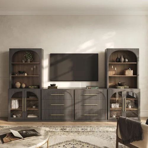 Vista 21 de BELLEZE Centro de entretenimiento modular de 4 piezas con almacenamiento, 2 vitrinas de madera moderna con gabinete arqueado y 2 armarios de puerta