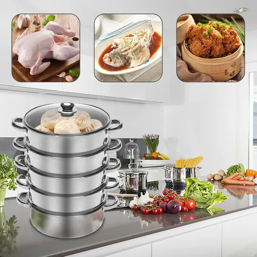 Vista 2 de Olla de vapor de 5 niveles de fondo grueso, 10.2 in/10.2 pulgadas, acero inoxidable de grado alimenticio, vaporizador de cocina para cocinar