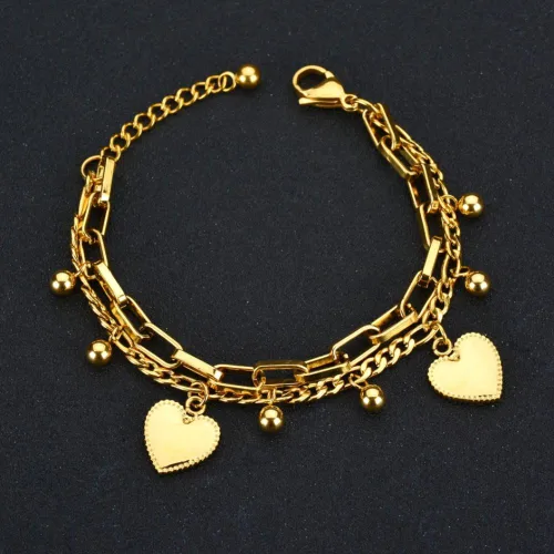 Vista 3 de LUREME Pulsera de acero inoxidable de oro de 18 quilates con dijes de bola y corazón para mujer, Acero inoxidable, Sin gemas.