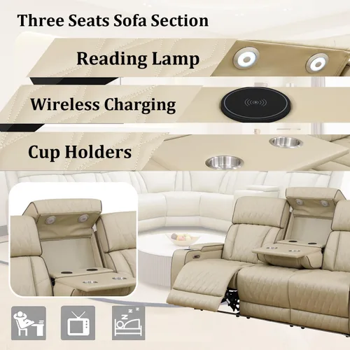 Vista 3 de Juego de sofá modular reclinable eléctrico con luz LED, juego de sofá modular reclinable de cuero, incluye sillón reclinable individual, juego