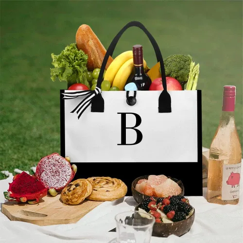 Vista 6 de Bolsa de playa de lona para mujer, bolsa grande de lona personalizada con bolsillo con cremallera, regalos para amigos, novia, despedida de soltera