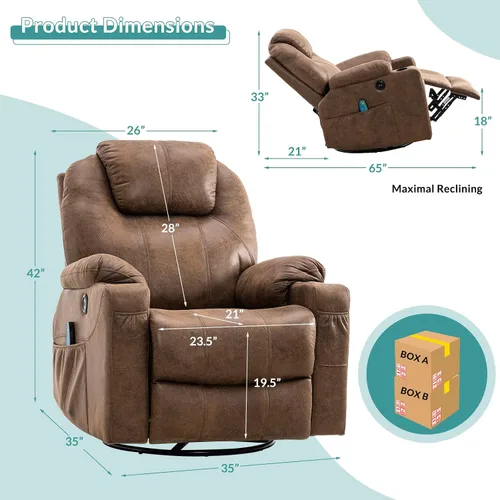 Vista 2 de MEETWARM Silla reclinable giratoria de masaje ergonómica con calor, silla reclinable mecedora manual mecedora giratoria de 360° con 4