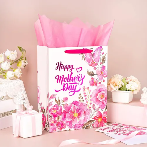 Vista 2 de LeZakaa Bolsa de regalo para el día de la madre, letras del día de la madre, diseño floral rosa, mariposa y papel de aluminio rosa, bolsa de regalo