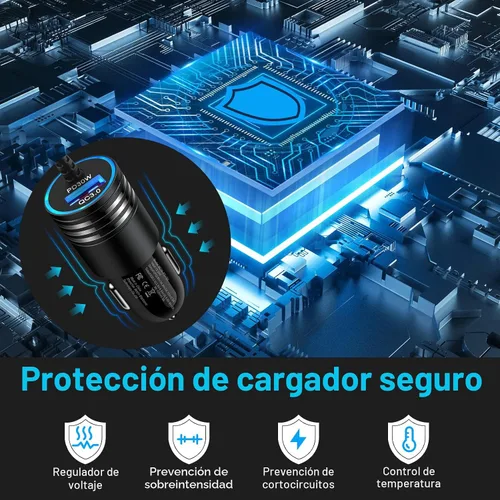 Vista 4 de Cargador de Coche Súper Rápido de 48W USB C Adaptador de Coche Rápido Android con Cable de Carga Rápida Tipo C de 30W Integrado para Samsung Galaxy