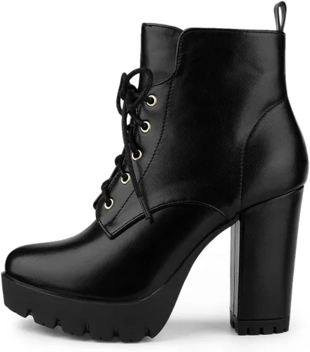 Vista 7 de Allegra K Botas de plataforma con cordones y tacón grueso con punta redonda para mujer