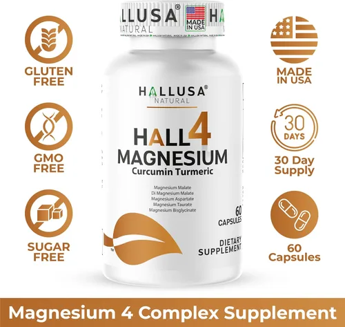 Vista 7 de HALL4 Magnesio 60 cápsulas – 4 complejos de magnesio malato, aspartato, taurato, bisglicinato y curcumina cúrcuma – energía, función muscular, salud