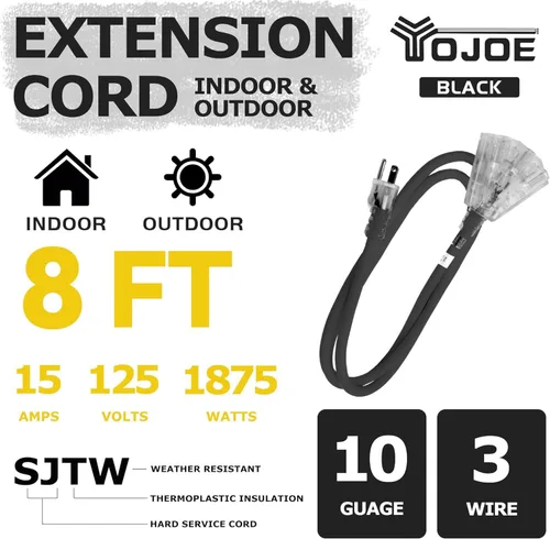 Vista 2 de YOJOE Cable de extensión de 3 salidas para interiores y exteriores con extremo iluminado, cable de alimentación de 3 clavijas 15A resistente a