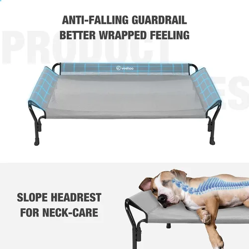 Vista 2 de Veehoo Cama elevada refrescante para perros, cuna elevada XL para mascotas con barandilla y reposacabezas inclinado, malla Teslin transpirable Gris