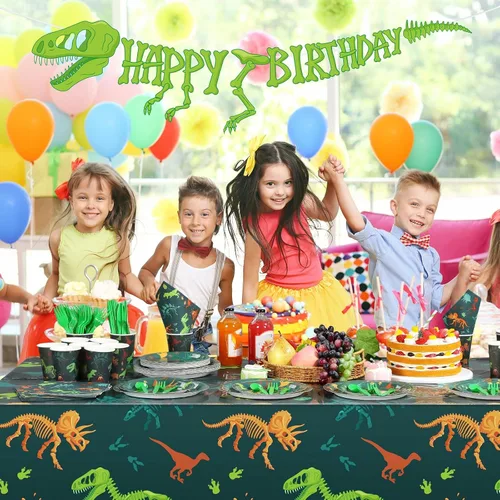 Vista 6 de Uiifan 171 piezas de decoraciones de cumpleaños de dinosaurios con platos de cumpleaños de dinosaurios, vasos de papel, manteles, servilletas