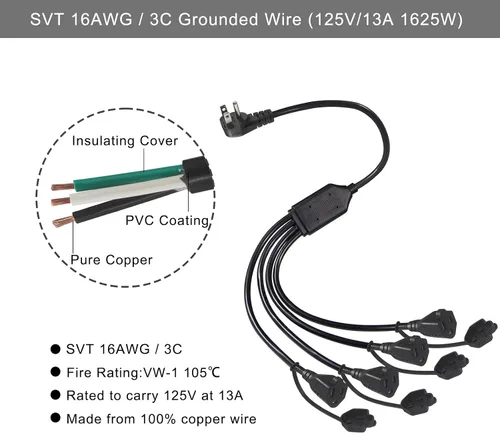 Vista 2 de Divisor de Tomacorriente de 4 Vías - Negro Paquete de 1 Enchufe Plano Angulado de 90 Grados Cable de Extensión de 1 a 4 Regleta de Enchufes, Calibre