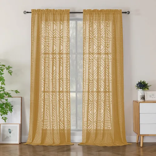 Vista 12 de Simplebrand Cortinas traslúcidas negras de cocina de 24 pulgadas de largo, 2 paneles, filtrado de luz, geométrico jacquard con textura, cortinas