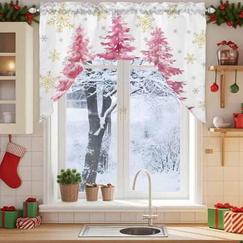 Vista 3 de Cenefa de árbol de copo de nieve, cenefa con dobladillo para barra, paneles de cortina para dormitorio, sala de estar, baño, cafetería, ventanas