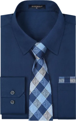 Vista 44 de HISDERN Mens Dress Shirt with Tie Pocket Square Set Classic Button Down Shirt Matching Tie Long Sleeve Shirts 08-verde