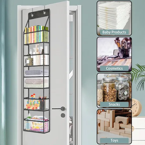Vista 5 de Organizador de despensa de 5 estantes con bolsillos transparentes, almacenamiento colgante resistente para armario, dormitorio, baño y guardería