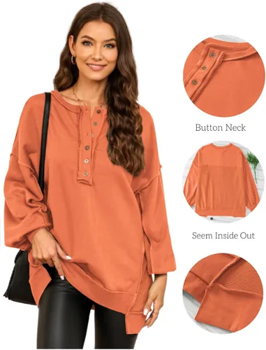 Vista 16 de AlvaQ - Sudadera de gran tamaño para mujer, informal, de manga larga, con botones y cuello Henley, tipo túnica