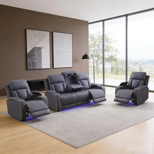 Vista 27 de Sofá reclinable individual eléctrico para muebles de sala de estar, silla reclinable de cuero con luces LED, puertos USB, almacenamiento oculto
