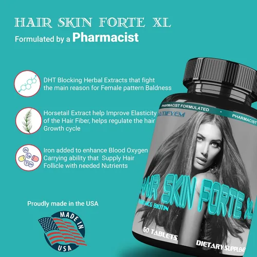Vista 3 de Hair Skin Forte XL Complejo de crecimiento del cabello y la piel 10,000 mcg de biotina + péptidos de colágeno promueve un cabello más grueso, más