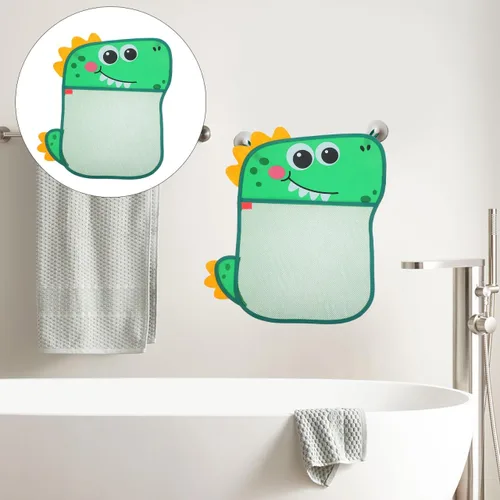 Vista 2 de Tofficu Bolsa de almacenamiento de juguetes de baño de dinosaurios con ventosas, organizador de malla para baño y bañera de niños, almacenamiento