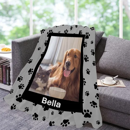 Vista 4 de Manta Personalizada de Huellas de Perro con Foto y Nombre para Amantes de Mascotas, Manta Suave de Franela de Vellón Regalo para Amantes de Perros