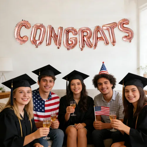 Vista 4 de Cartel de graduación con globos de felicitaciones de oro rosa para decoración de fiesta de graduación, 17 pulgadas Felicidades oro rosa