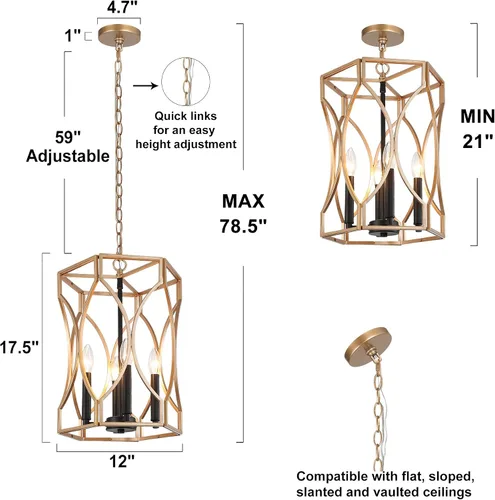 Vista 7 de Durent Lighting Lámpara de araña dorada y negra, moderna lámpara colgante de 4 luces, lámpara de granja para vestíbulo, entrada, comedor, isla