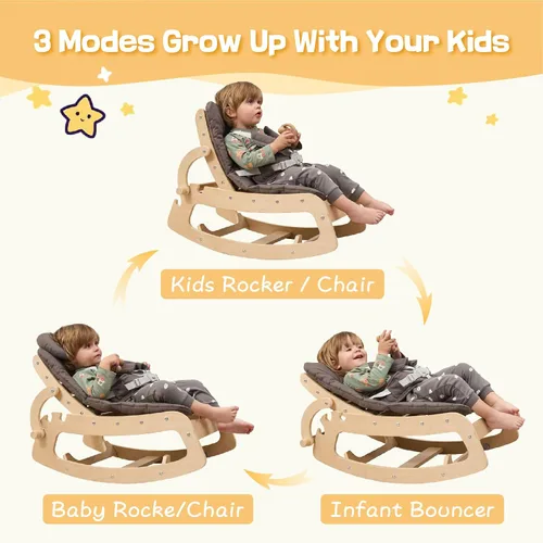 Vista 8 de Mecedora para bebé, ajustable para bebé, silla mecedora de madera 3 en 1 con arnés de 5 puntos, asiento para bebés y niños pequeños, color gris Beige