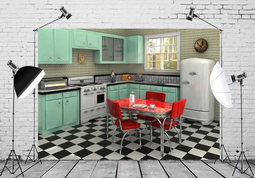 Vista 5 de Telón de fondo retro de tela de 5 x 3 pies para fotografía interior, cocina, comedor, escena, fondo de los años 50, decoración de cumpleaños